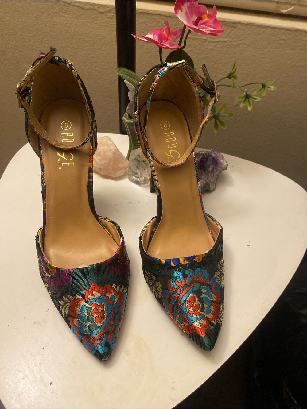 Rouge Helium Black Floral Embroidered Pointed Ankle-Strap Heels